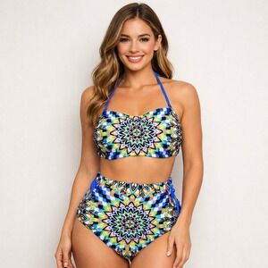 YMI Mandala‎ Kaleidoscope High Waisted Bikini Lace Up Bandeau Swim Set L NWT